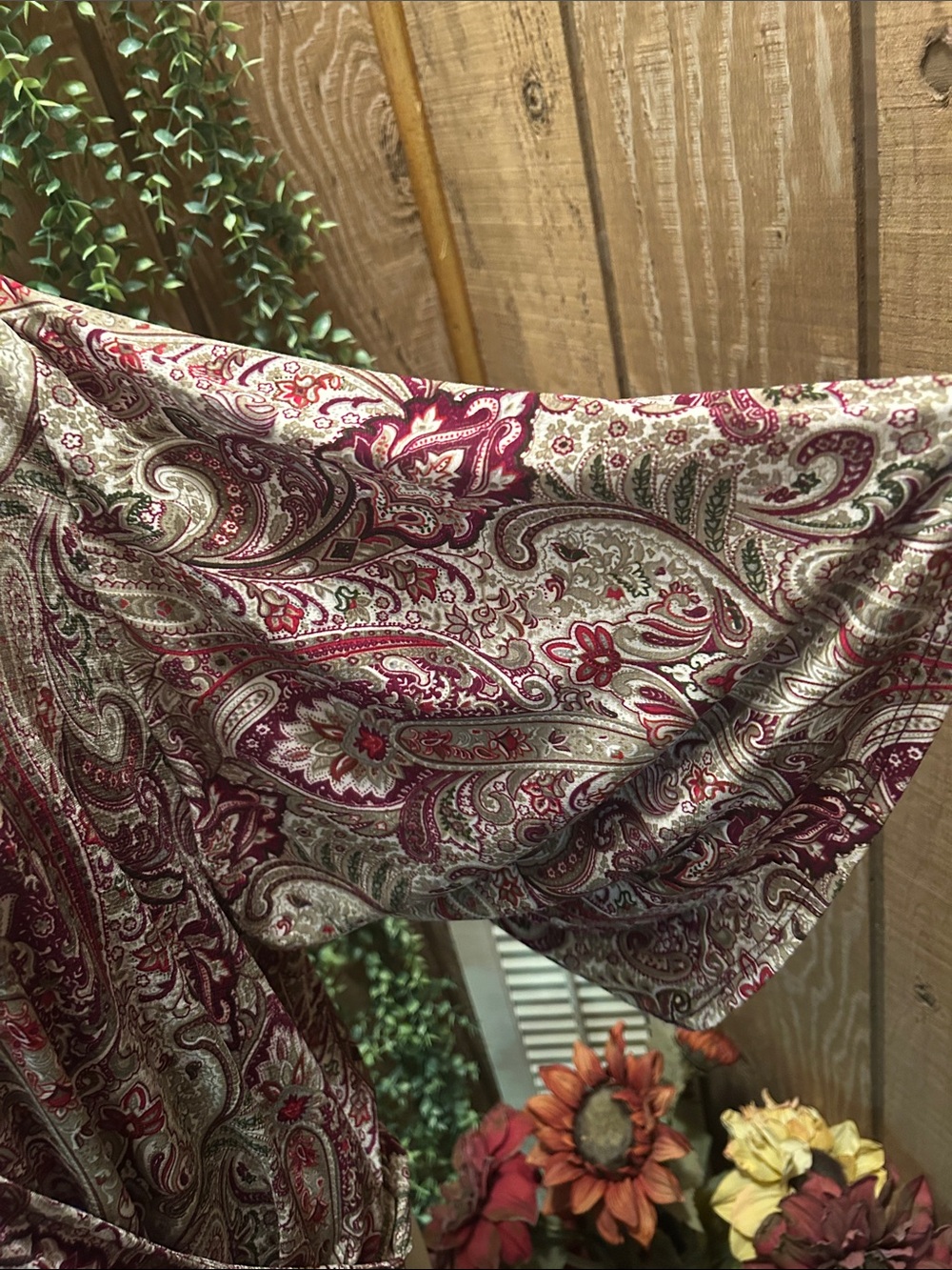 Women's Paisley Wrap Blouse - Burgundy & Olive Green - Picture 2 of 4